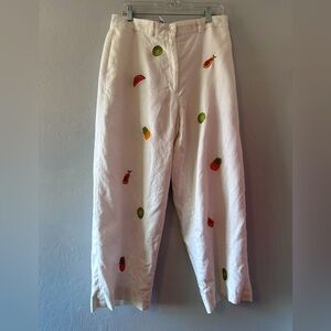 Deane & White Women’s White 100% Linen Pants Fruit Embroidery Pants Size 12 Crop